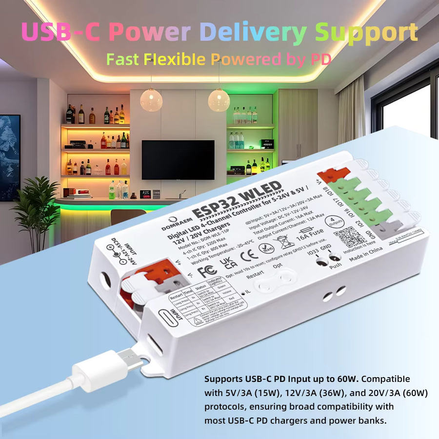 DOMRAEM Dual PSU ESP32 WLED Digital LED Controller mit 4 Ausgängen für WS2811/12B APA102 Pixel-LEDs, PD 5V/12V/20V & DC 5-24V, WiFi und USB, Weiß - Bild 2