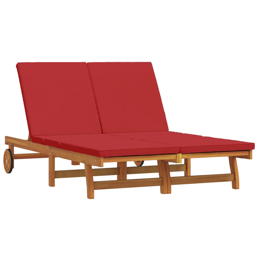 vidaXL Doppel-Sonnenliege aus Akazien-Massivholz mit wetterfesten Kissen und Rollen, Braun/Rot, B/T/H: 220 x 84 x 84 cm - Bild 2
