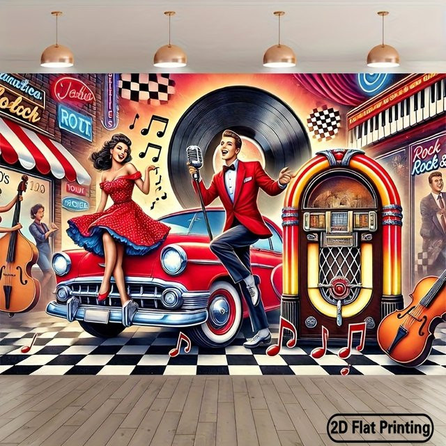 VIKAMA Retro Rock Hintergrundtuch mit amerikanischem Auto und Jukebox als Hängedekoration für Party und Bar, Mehrfarbig - Bild 1