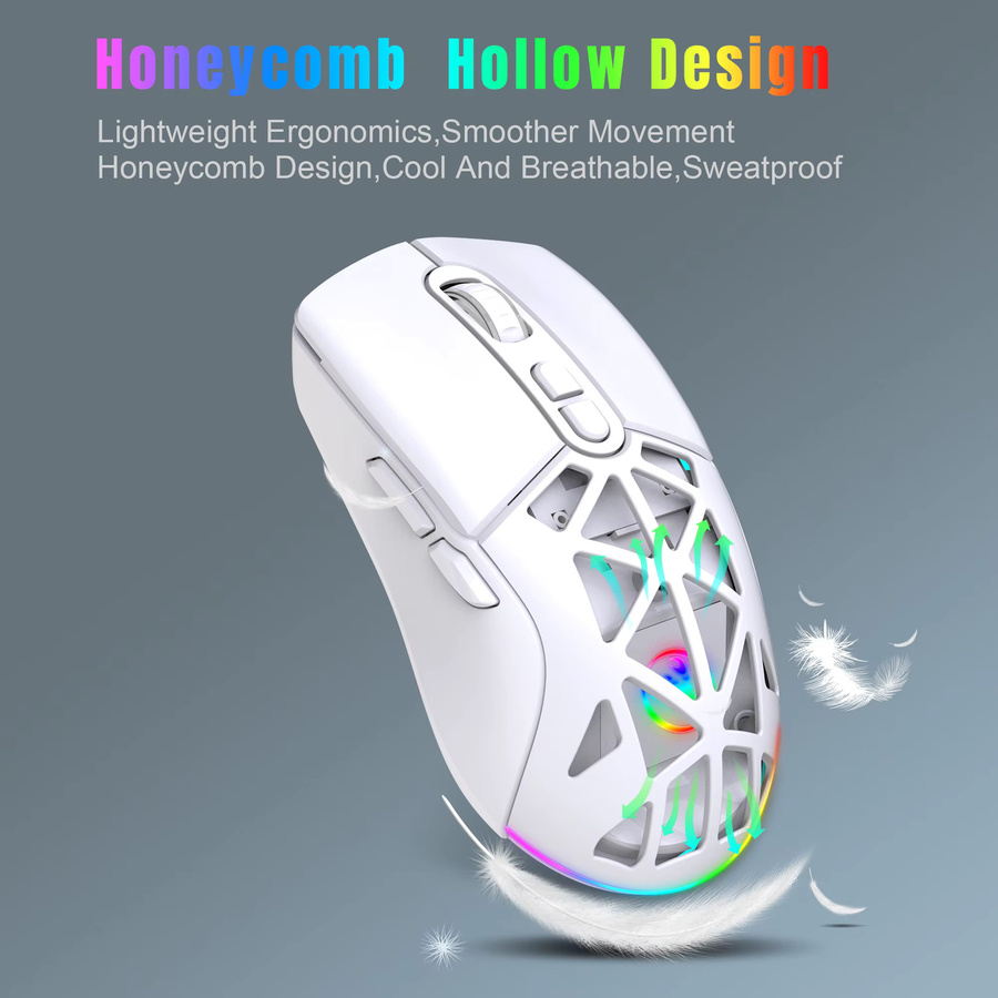 HXSJ Kabellose Gaming-Maus in Weiß mit Tri-Mode Verbindung, ergonomische Bluetooth und USB-C wiederaufladbare leise Maus für PC und Laptop - Bild 4