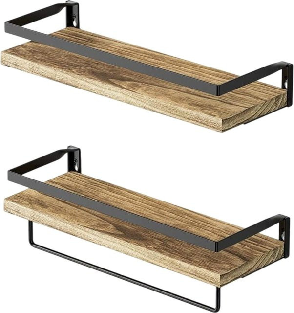 Relaxdays Wandregal 2er Set im Industrial Design aus Holz und Eisen in Natur und Schwarz mit Aufhängungsstange - Bild 1