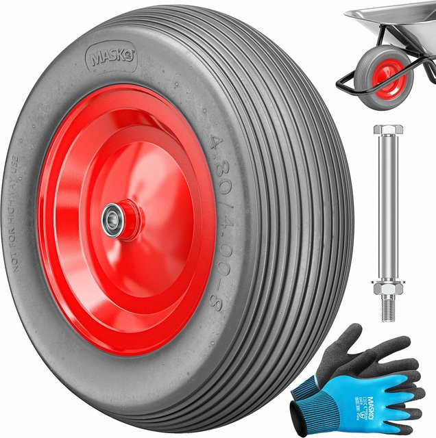 MASKO PU Schubkarrenrad Vollgummi 200 kg pannensicher 4.80/4.00-8 Ø 390mm inkl. Achse und Stahlfelge in Rot - Bild 1
