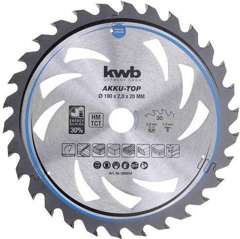 Kwb Hartmetall Kreissägeblatt für Holz und Kunststoff, Farbe: Silber, Durchmesser: 190 mm, Bohrung: 20 mm, Dicke: 1,3 mm, Zähneanzahl: 30 - Bild 1