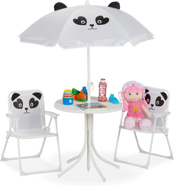 Relaxdays Kindersitzgruppe Panda mit Sonnenschirm aus Eisen, Kunststoff und Polyester, B/T/H: 53 x 36 x 37,5 cm - Bild 1