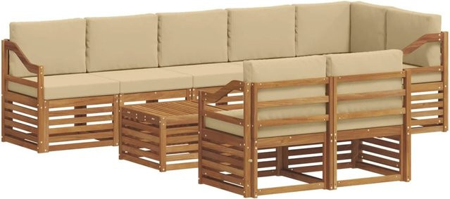 vidaXL Sofagarnitur 9-teilig aus Massivholz Akazie in Natur und Beige mit Polsterkissen und Latten-Design - Bild 1