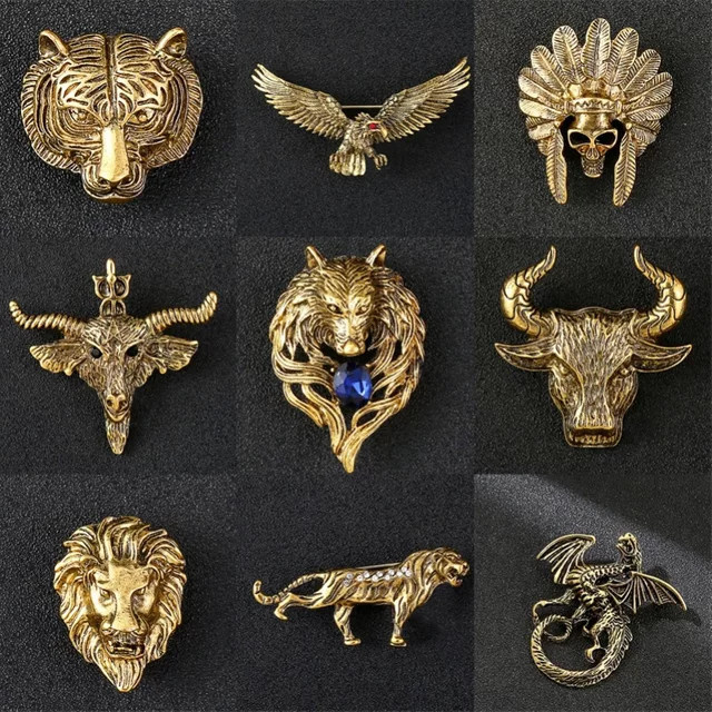 i-Remiel Brosche Wolf Kopf, Messing, Gold, Herren, Vintage - Bild 1