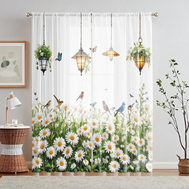 2er-Set semi-transparente Vorhänge mit weißem Gänseblümchen-Print für Wohnzimmer und Schlafzimmer, Farbe: Weiß, B: 132 cm, H: 160 cm - Bild 1