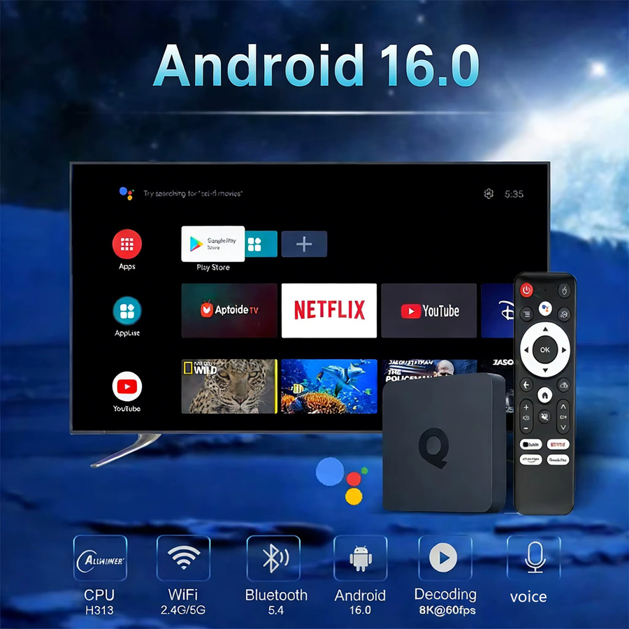 Android 16 Smart TV Box H313 Q1 mit 8GB RAM und 256GB Speicher, 8K Video HDR10+, 5G Dual WLAN, Bluetooth 5.4 und Sprachfernbedienung, Schwarz - Bild 2