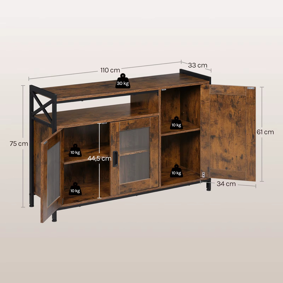 WOLTU Küchenschrank aus Holz in Braun mit 3 Türen und 2 verstellbaren Regalen, B/H/T: 110 x 75 x 33 cm - Bild 4