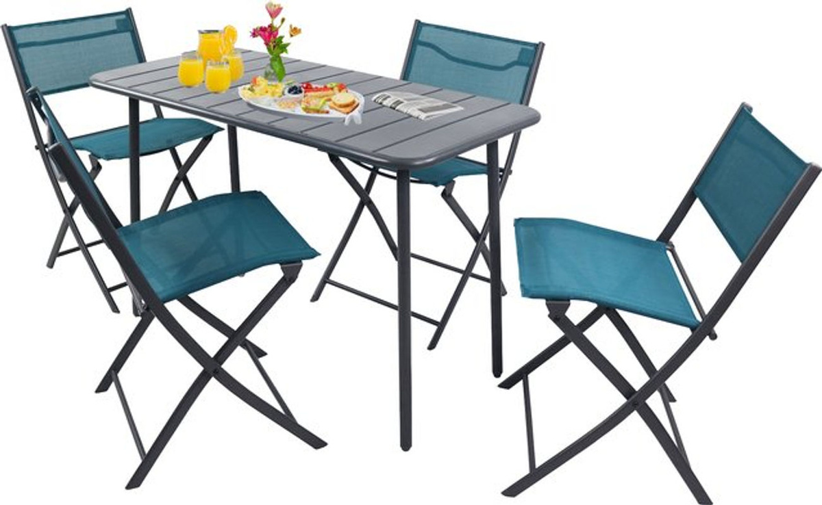 VCM 5-teiliges Balkonmöbel Set Sumila in Türkis aus Metall und Textilene mit Gartentisch und 4 Klappstühlen für Garten, Balkon und Terrasse - Bild 3