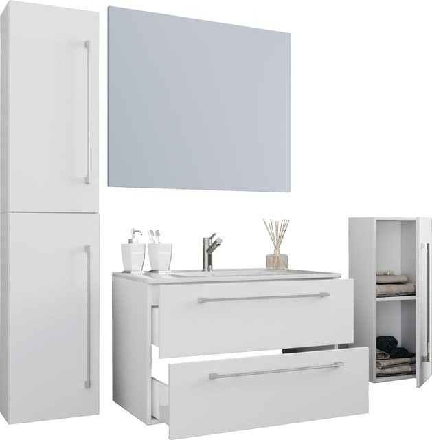 VCM Badmöbel Set Badinos in Weiß, 5-tlg. mit Keramik Waschbecken, hängendem Unterschrank mit zwei Schubladen, Spiegel, Midischrank und Hochschrank, Breite: 80 cm - Bild 1