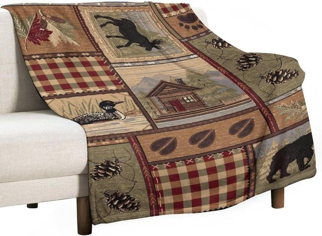 JMG Household Supplies Fleece Decke mit Bär und Elch Motiv im Landhausstil, Braun, B/B: 130 x 150 cm - Bild 1