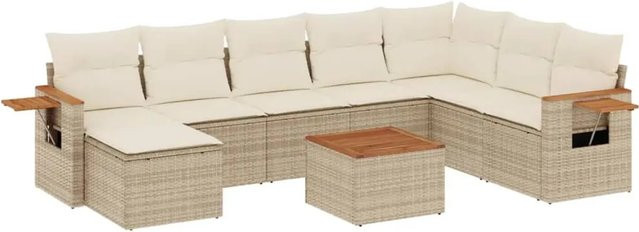 vidaXL 9-teilige Garten-Sofagarnitur aus Poly-Rattan und Akazienholz in Beige-Creme mit Kissen - Bild 1