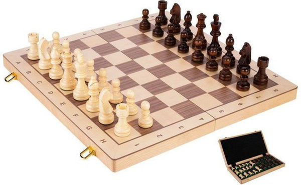 ENGELHART Schachspiel, faltbar, Nussbaum und Ahorn, beschwerte Figuren braun