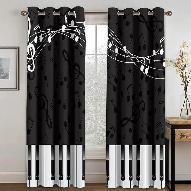 Moderne Fenstergardinen mit Musiker-Motiv und Klaviertasten, 2er-Set halbtransparent aus Polyester in Schwarz, Breite: 50 cm, Höhe: 60 cm - Bild 1