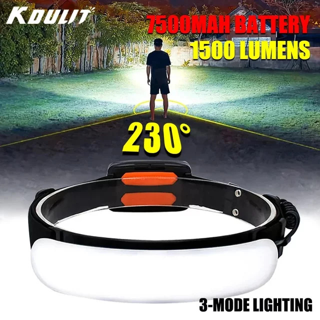 KDULIT LED COB Stirnlampe mit 1500 Lumen, USB aufladbare Kopf-Taschenlampe mit 7500mAh Akku, Schwarz - Bild 1