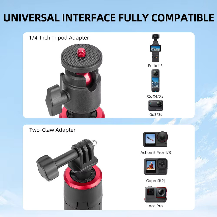 Flymile Selfie-Stick und ausziehbares Stativ in Schwarz für DJI Action 5 Pro, Osmo Pocket 3, Insta 360 und GoPro Kameras - Bild 2