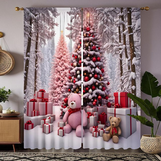 2er-Set Weihnachtsdekoration Vorhang mit Bär und Weihnachtsbaum Motiv, Farbe Schwarz und Rosa, B/H: 132 x 160 cm - Bild 1