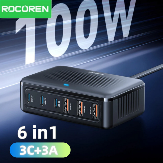 Rocoren USB-Ladegerät 100W GaN Desktop-Schnellladestation mit 6 Ports in Schwarz - Bild 1