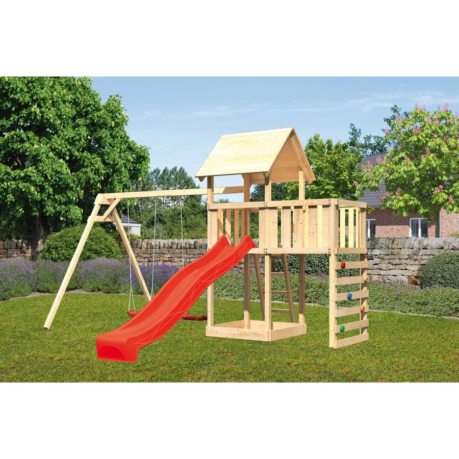 Karibu Spielturm Lotti Doppelschaukel Anbauplattform Kletterwand Rutsche Rot - Bild 2