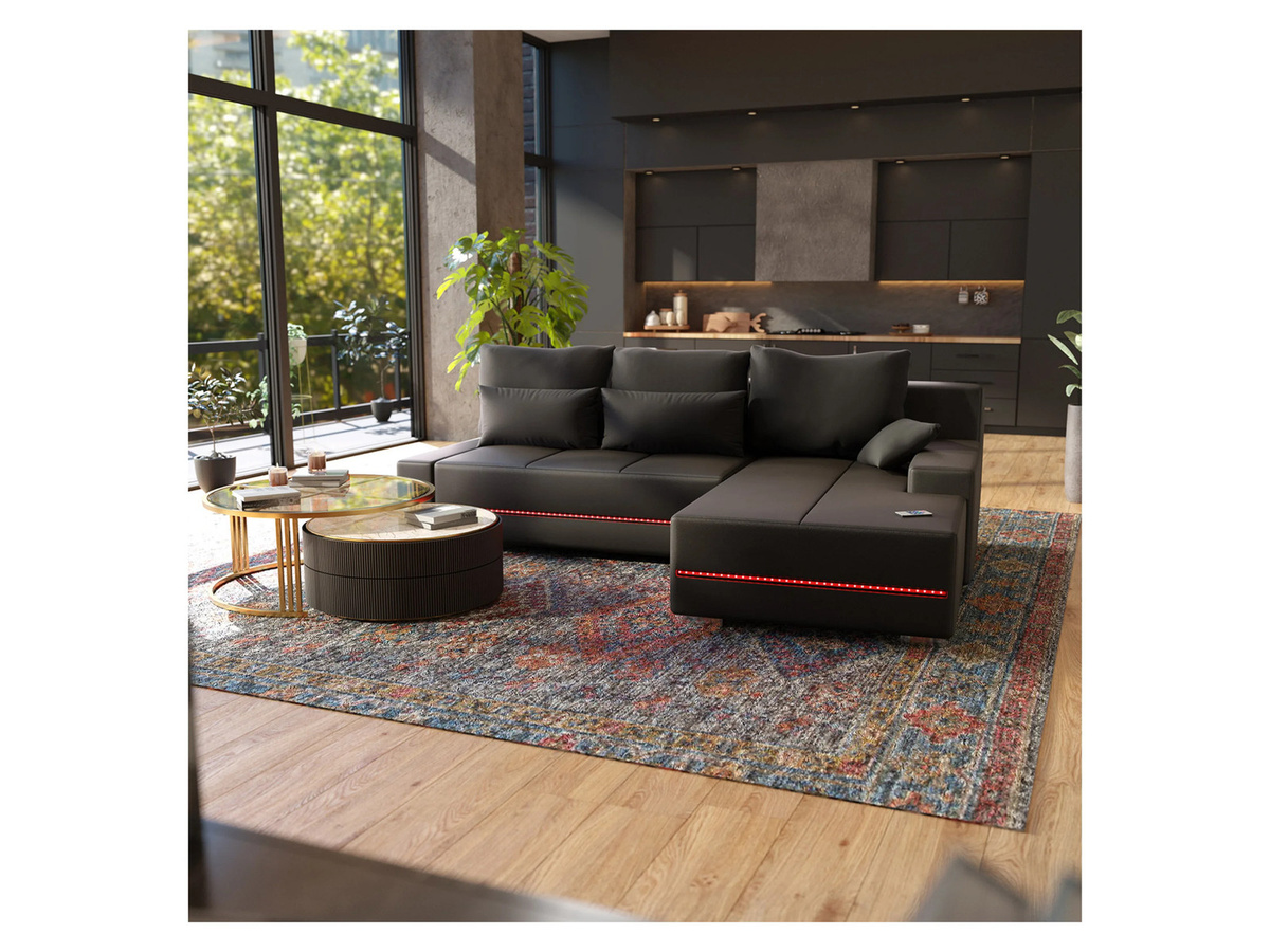 Juskys Ecksofa Davos Rechts mit Schlaffunktion und LED in Dunkelgrau aus Samt - Bild 1