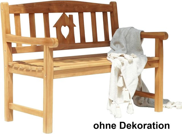 DELUKE Gartenbank OLENA 2-Sitzer aus Teakholz in Natur mit Haus- und Herzmotiv, wetterfest, Breite: 120 cm - Bild 1