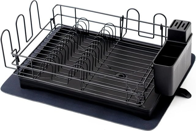 CHEFGASTRO Abtropfgestell für Geschirr in Schwarz mit Besteckhalter, Tassenhalter, drehbarem Wasserablauf, Abtropfbrett und Trockenmatte, B/T/H: 42 x 15 x 31 cm - Bild 1