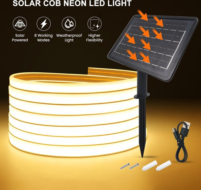 GAHADA Solar-COB-LED-Streifen für den Außenbereich, warmweiß, 24 V, wasserdichter Neon-Lichtschlauch in Schwarz - Bild 1
