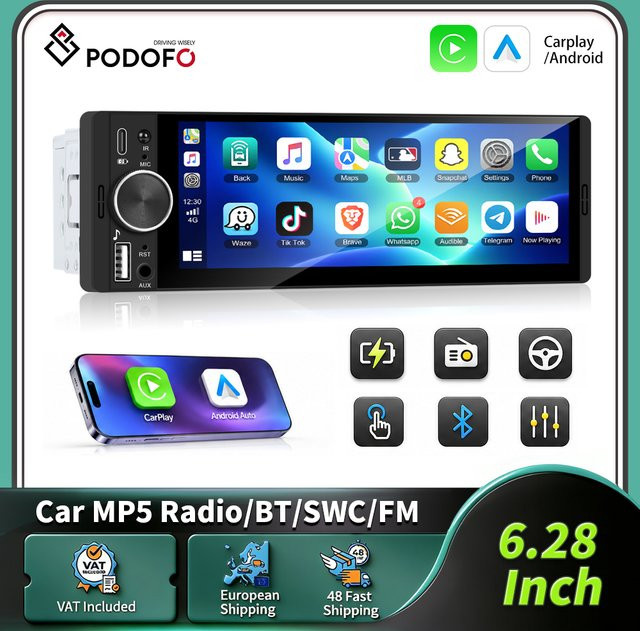 Podofo 1Din Autoradio mit 6,28 Zoll HD-Touchscreen, kabelloses CarPlay und Android Auto, MirrorLink, Bluetooth und USB, Schwarz - Bild 1