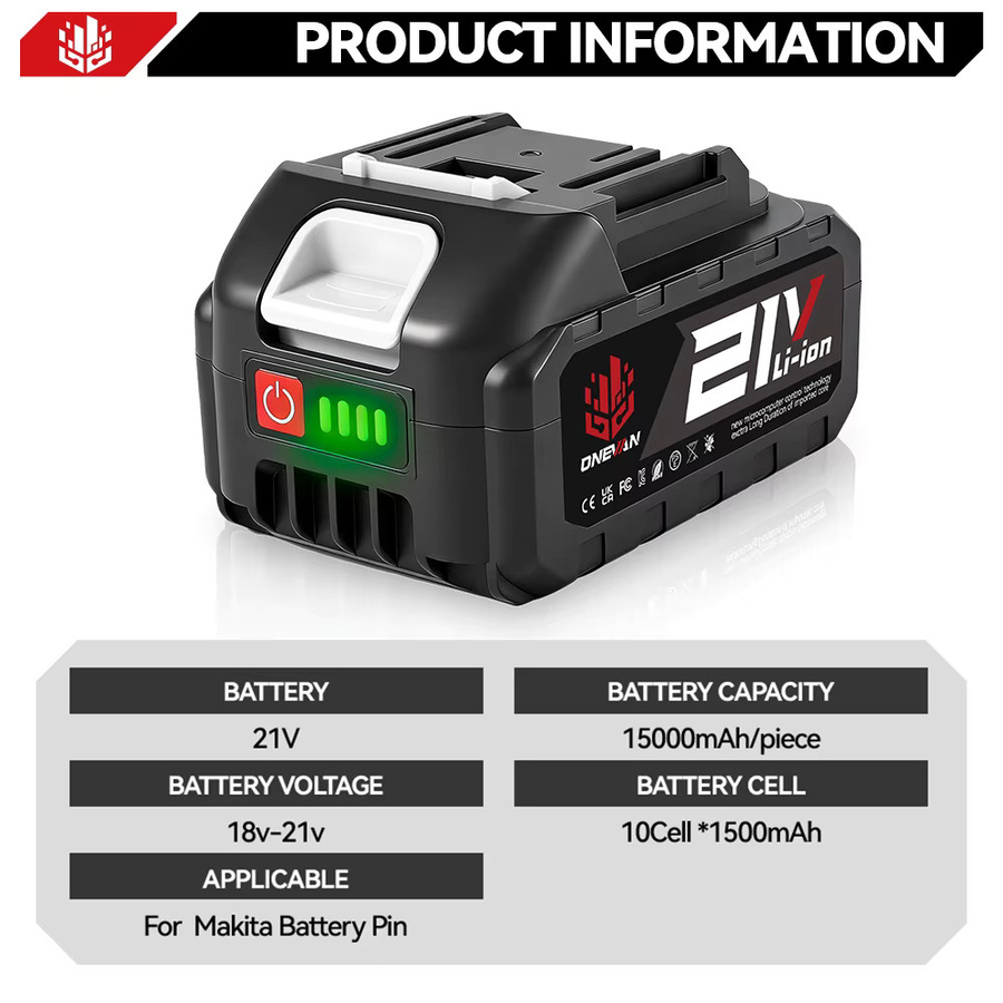 ONEVAN Lithium-Ionen-Akku mit Ladegerät für Makita 21V Elektrowerkzeuge, 15000mAh, Schwarz - Bild 2