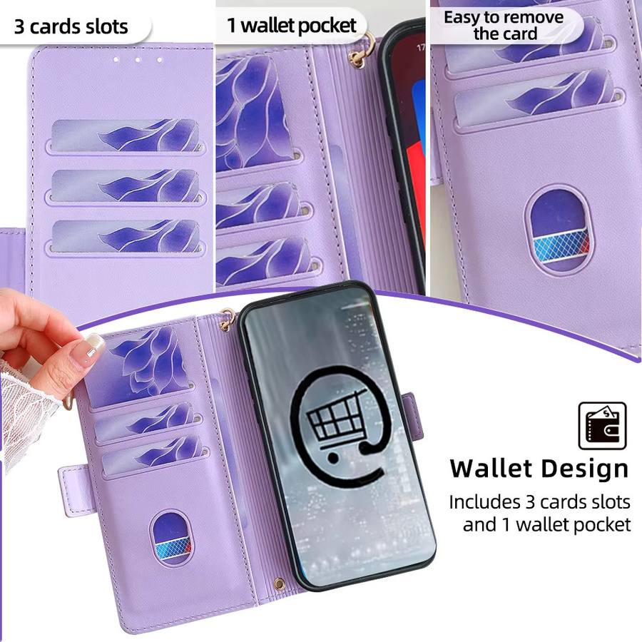 AIMONCASE Leder Flip Handyhülle für iPhone 16 Pro Max und 16 Plus mit Kartenfächern und Riemen in Pink oder Purple - Bild 3