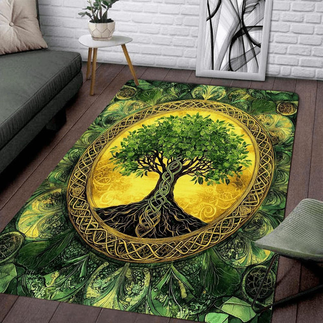 Rutschfester Teppich mit Baum des Lebens Motiv in Grün, Boho-Design, maschinenwaschbar und rechteckig - Bild 1