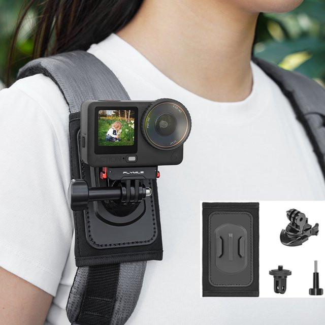 Flymile Rucksack-Schultergurt-Halterung mit Taschenclip in Schwarz für DJI Action 6, Pocket 3, OSMO 360 Nano, Insta360 X5 und GoPro Kamera-Zubehör - Bild 1