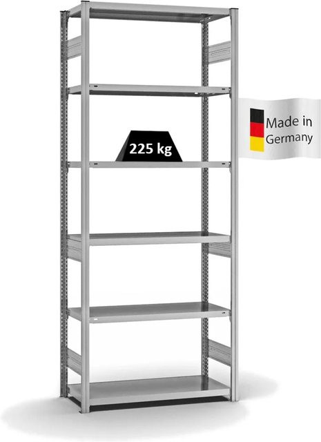 PROREGAL Fachbodenregal Stecksystem T-Profil Medium-Duty, verzinkt, Farbe: Silber, H x B x T: 250 x 100 x 40 cm, 6 Ebenen, Fachlast 225 kg, beidseitig nutzbar - Bild 1