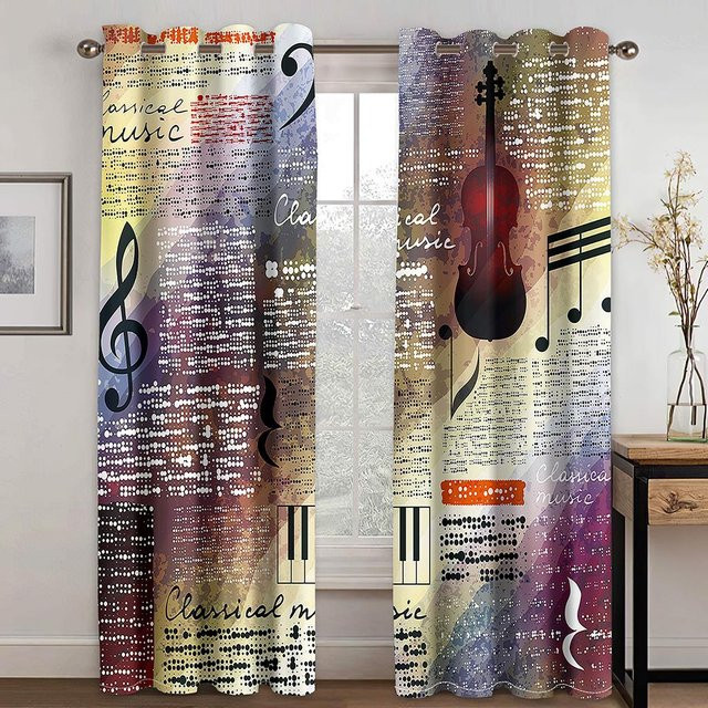 2er-Set bunte lichtfilternde Vorhänge mit abstraktem Musik-Design für Wohnzimmer und Schlafzimmer, Breite: 50 cm, Höhe: 130 cm - Bild 1