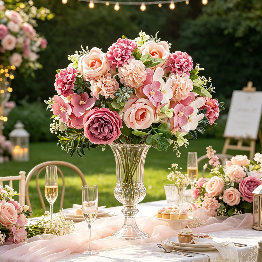 Künstliche Blumenmischung aus Seiden-Rosen, Pfingstrosen und Hortensien in Pink für Hochzeitssträuße und Tischdekoration - Bild 2