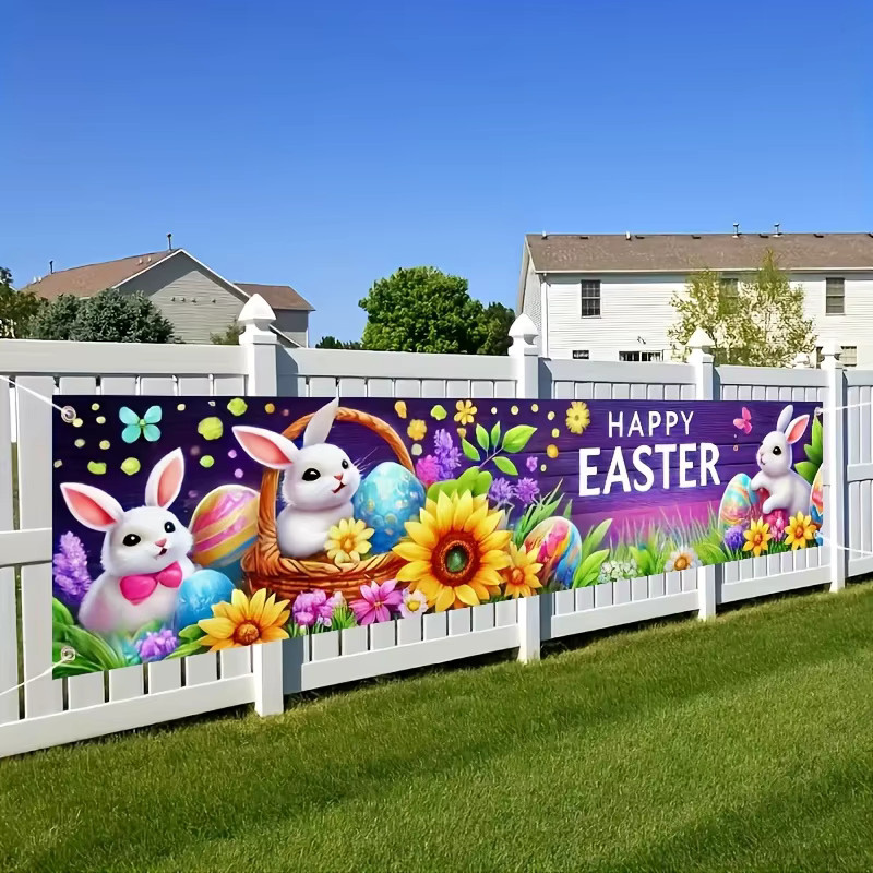 VIKAMA Ostern Banner mit bunten Kaninchen, Karotten und Eiern in Mehrfarbig zur Dekoration für Garten und Heim - Bild 3