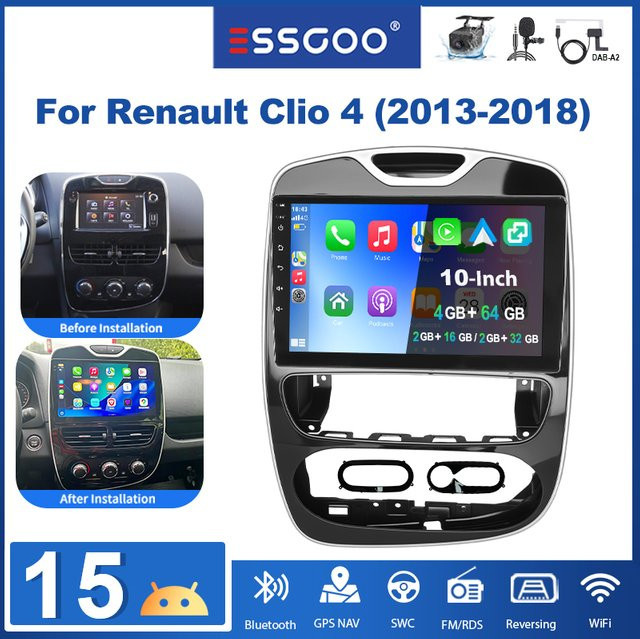 ESSGOO Android 15 Carplay Autoradio mit 10,1 Zoll Display für Renault Clio 4 2012-2016, Multimedia Videoplayer mit WIFI, GPS, Bluetooth und Navigation in Schwarz - Bild 1