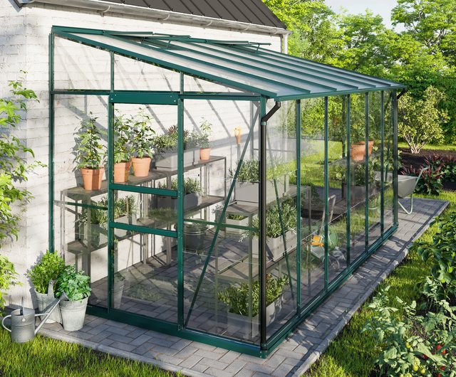 Vitavia Anlehn-Gewächshaus Ida 7800 in Smaragdgrün mit 7,8 m² Fläche, Pultdach und Doppelschiebetür - Bild 1