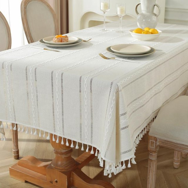 JMG Household Supplies Tischdecke aus Baumwolle und Leinen mit 3D-Muster und Quasten, Weiß, B/B: 90 x 90 cm - Bild 1