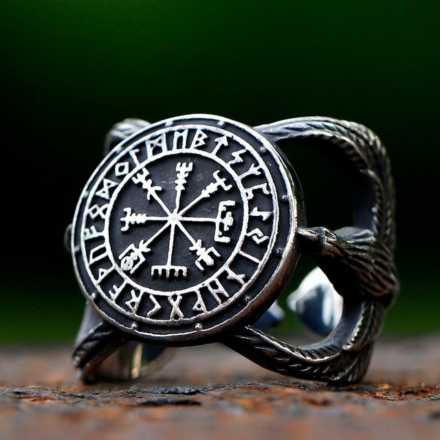 Ring Edelstahl, Silber, Wikinger Odin Vegvisir, Herren - Bild 1