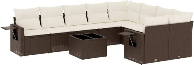 vidaXL 10-tlg. Garten-Sofagarnitur in L-Form aus braunem Poly-Rattan mit Kissen und Metallrahmen - Bild 1