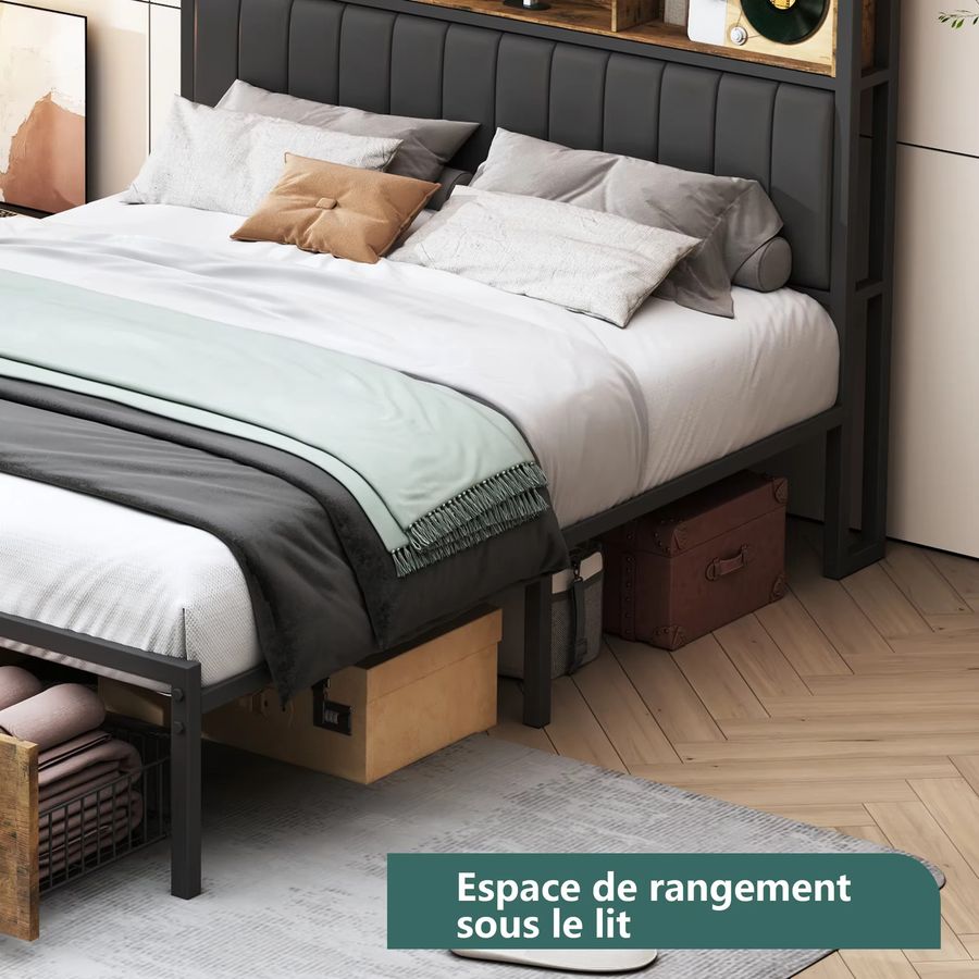 Creahappy Massivholzbett in dunklem Khaki mit gepolstertem Kopfteil, LED-Beleuchtung, USB-Buchse und Fußteil mit Doppelschubladen, B/T/H: 160 x 200 cm - Bild 3