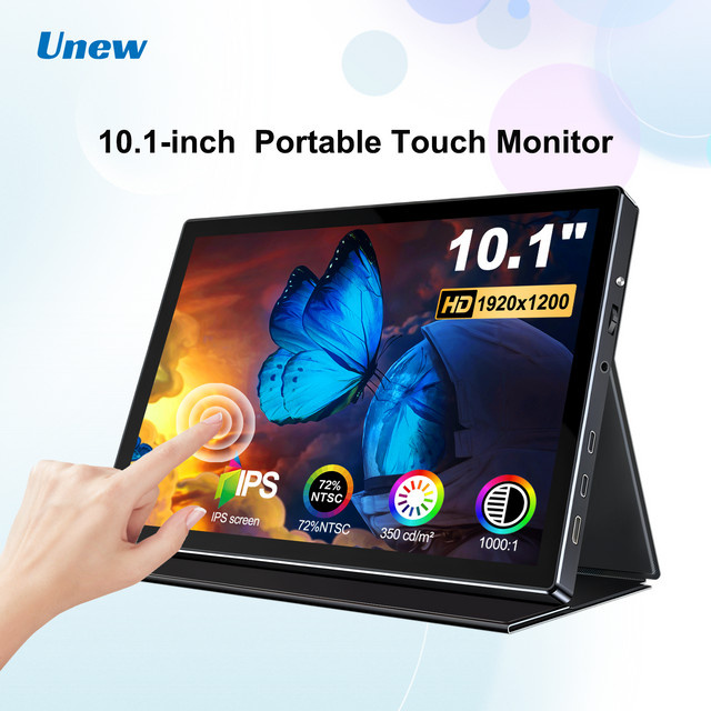UNEW Tragbarer 10,1 Zoll Monitor mit Touchscreen, IPS Display, 1920x1200 Auflösung, Type-C und HDMI, Schwarz inklusive Lederhülle und VESA 75x75mm Halterung - Bild 1