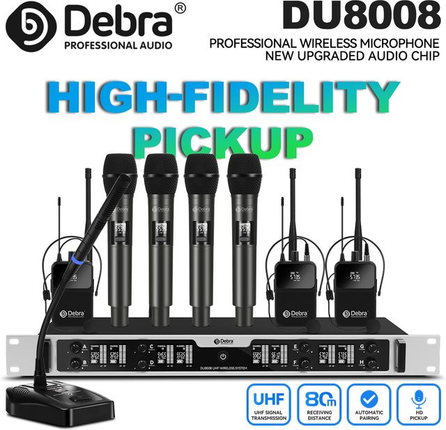 Debra DU8008 Drahtloses UHF 8-Kanal Mikrofon-System mit Handmikrofon, Lavalier und Headset in Schwarz - Bild 1