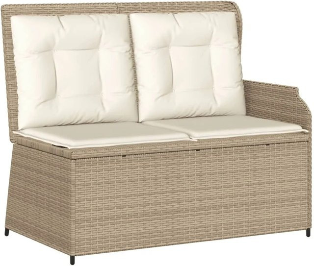 Verstellbare Gartenbank von furnicato aus beige farbenem Poly Rattan mit Kissen und Armlehnen, B/T/H: 110 x 67 x 95 cm - Bild 1
