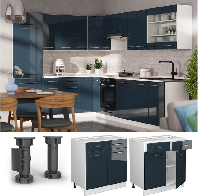 Vicco Küchenunterschrank Fame-Line Dunkelblau Hochglanz Weiß mit Arbeitsplatte Anthrazit Breite: 80 cm - Bild 3