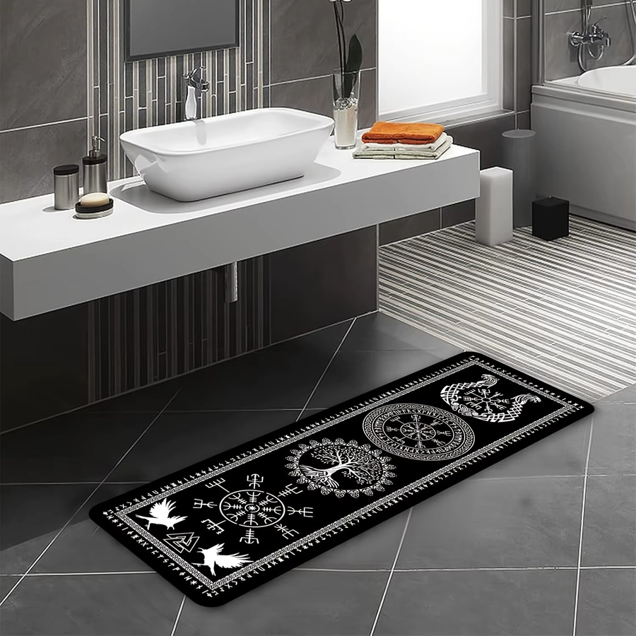 VIKAMA Flanell-Teppich mit Wikinger-Motiv Lebensbaum und Rabe in Schwarz, schmutzabweisende Matte für Wohnzimmer, Schlafzimmer, Küche und Flur, B/T: 60 x 40 cm - Bild 3