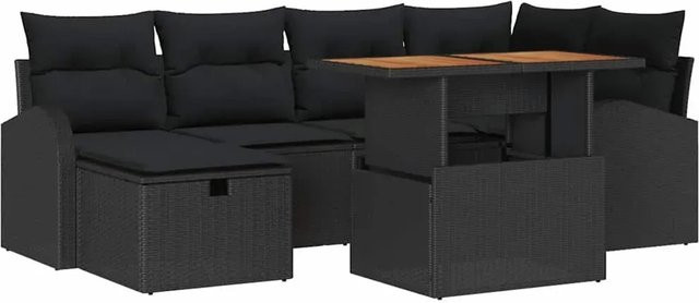 7-tlg. vidaXL Garten-Sofa-Set aus Poly-Rattan in Schwarz mit Kissen und Tisch im L-Shape Design - Bild 1