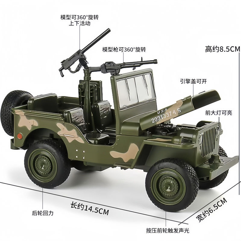 Discover Intime Willys GP Militär-Geländewagen Modellauto aus Metall in Grün Tarnfarbe, Maßstab 1:32 - Bild 3